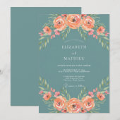 Invitation Mariage Fleurie Rose Sarcelle (Devant / Derrière)