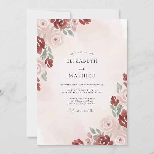 Invitation Mariage Fleurie Rouge Carmine (Devant)