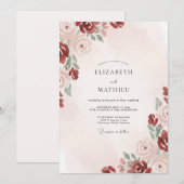 Invitation Mariage Fleurie Rouge Carmine (Devant / Derrière)