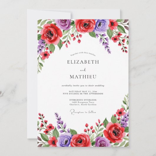 Invitation Mariage Fleurie Rouge Pourpre (Devant)