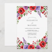 Invitation Mariage Fleurie Rouge Pourpre (Devant / Derrière)