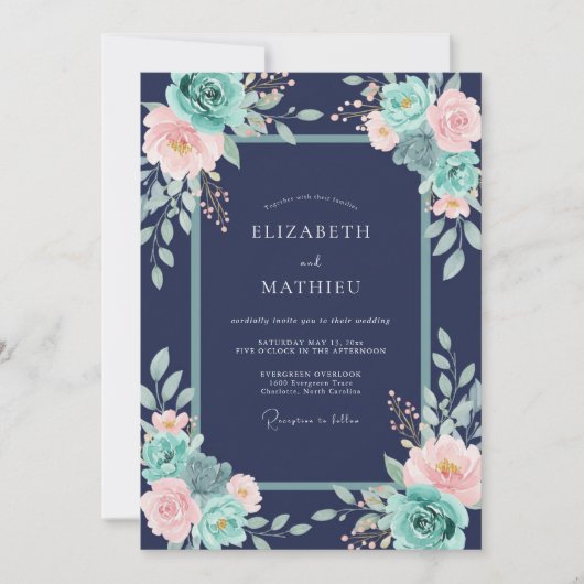 Invitation Mariage Fleurie Splendide Bleu Marine (Devant)