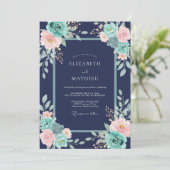 Invitation Mariage Fleurie Splendide Bleu Marine (Debout devant)