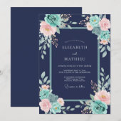 Invitation Mariage Fleurie Splendide Bleu Marine (Devant / Derrière)