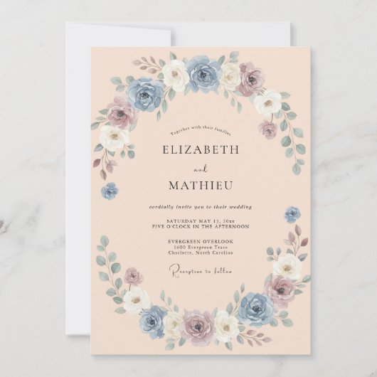 Invitation Mariage Fleurie Tissée Pervenche (Devant)