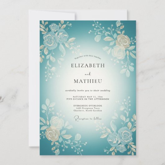 Invitation Mariage Fleurie Tissée Sarcelle (Devant)