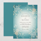 Invitation Mariage Fleurie Tissée Sarcelle (Devant / Derrière)