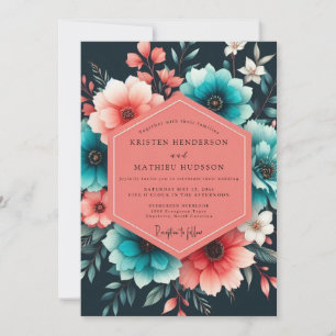 Invitation Mariage Fleurie Toile Peinte Corail Sarcelle
