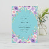 Invitation Mariage Fleurie Turquoise Améthyste (Debout devant)