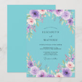 Invitation Mariage Fleurie Turquoise Améthyste (Devant / Derrière)
