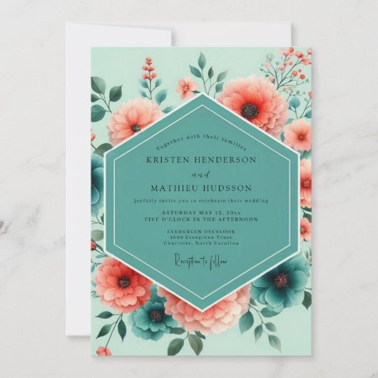 Invitation Mariage Fleurie Vibrante de Corail Sarcelle (Devant)