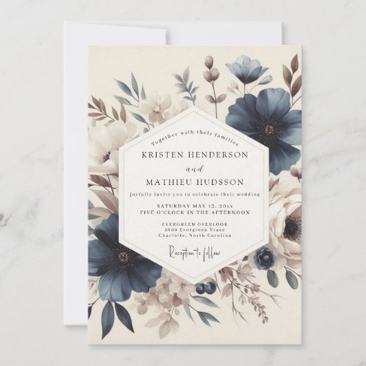 Invitation Mariage Fleurie Vintage Bleu Ardoise (Devant)