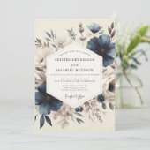 Invitation Mariage Fleurie Vintage Bleu Ardoise (Debout devant)