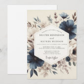 Invitation Mariage Fleurie Vintage Bleu Ardoise (Devant / Derrière)