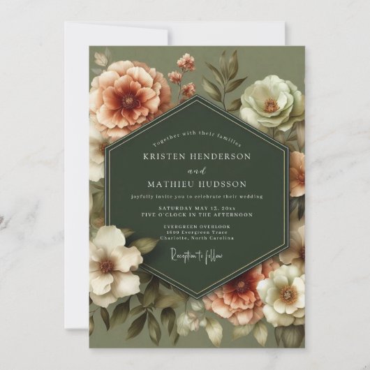 Invitation Mariage Fleurie Vintage Vert Olive (Devant)