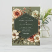 Invitation Mariage Fleurie Vintage Vert Olive (Debout devant)