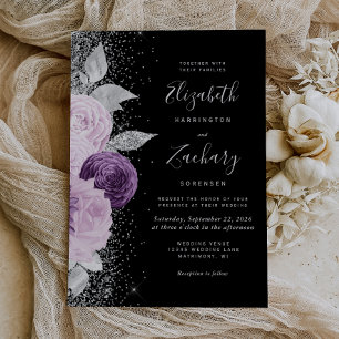 Invitation Mariage Fleurie Violet Argent Pailleté Noir