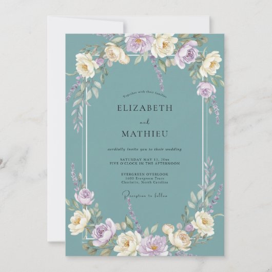 Invitation Mariage Fleurir Fleur Éthérée Sarcelle (Devant)