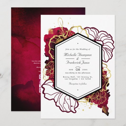 Invitation Mariage Fleuris Abstrait Bourgogne et Or (Devant / Derrière)