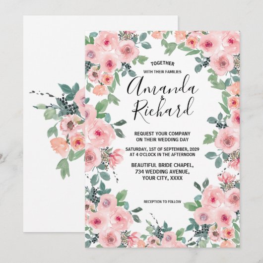 Invitation Mariage Fleuris Aquarelle Rose Tendre Magnifique (Devant / Derrière)