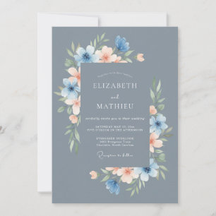 Invitation Mariage Fleuris Bleu Acier Délicat