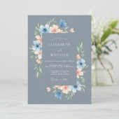 Invitation Mariage Fleuris Bleu Acier Délicat (Debout devant)