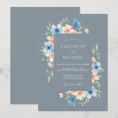 Invitation Mariage Fleuris Bleu Acier Délicat (Devant / Derrière)