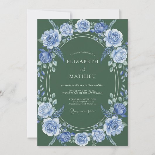 Invitation Mariage Fleuris Bleu Ardoise Laurier (Devant)