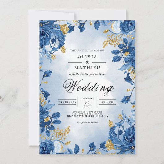 Invitation Mariage Fleuris Bleu Éthéré (Devant)
