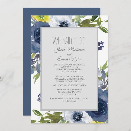 Invitation Mariage Fleuris Bleu Nuit Blanc Jaune Fuite (Devant / Derrière)