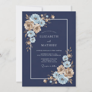 Invitation Mariage Fleuris Bleu Nuit et Or