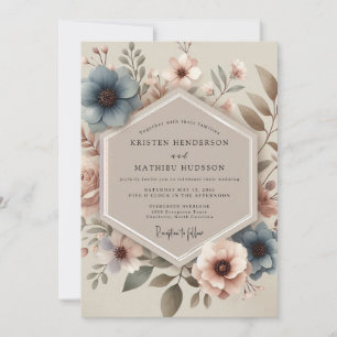 Invitation Mariage Fleuris Bleu Poussiéreux Vintage