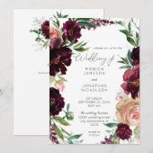 Invitation Mariage Fleuris Bordeaux et Rose Pâle (Devant / Derrière)