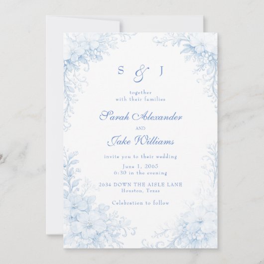 Invitation Mariage Fleuris Chinoiserie Bleue (Devant)