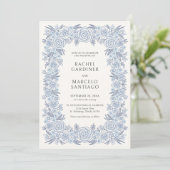 Invitation Mariage Fleuris Classique Bleu Poussiéreux (Debout devant)