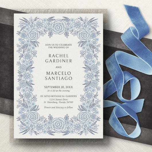 Invitation Mariage Fleuris Classique Bleu Poussiéreux