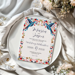 Invitation Mariage Fleuris Colorés de Tenangos Otomi Mexicain