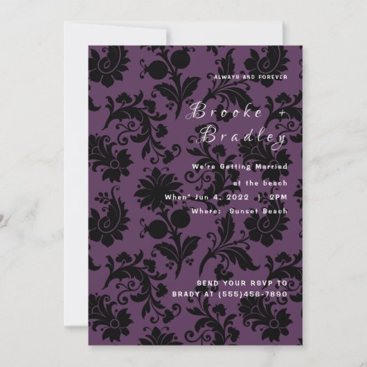 Invitation Mariage Fleuris Damassé Violet Foncé (Devant)