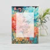 Invitation Mariage Fleuris de Corail, Turquoise et Or (Debout devant)