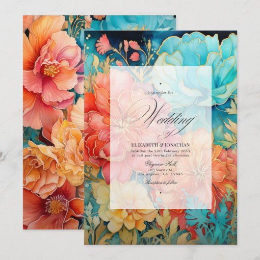 Invitation Mariage Fleuris de Corail, Turquoise et Or (Devant / Derrière)