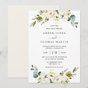 Invitation Mariage Fleuris Élégant Blanc Ivoire