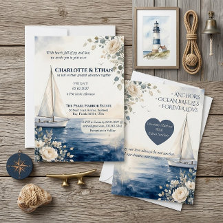 Invitation Mariage Fleuris Ivoire Voilier Nautique Bleu Marin