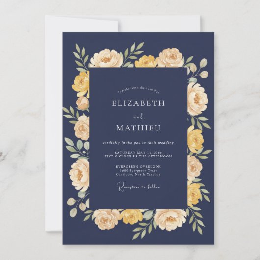 Invitation Mariage Fleuris Jaune et Marine (Devant)