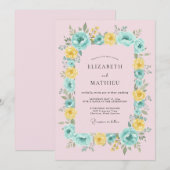 Invitation Mariage Fleuris Jaune et Sarcelle (Devant / Derrière)