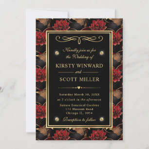 Invitation Mariage Fleuris Marbre Rouge Noir et Or