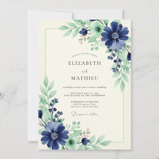 Invitation Mariage Fleuris Nature Navy (Devant)