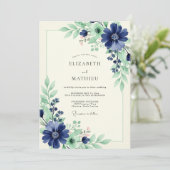 Invitation Mariage Fleuris Nature Navy (Debout devant)