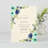 Invitation Mariage Fleuris Nature Navy Azur (Debout devant)