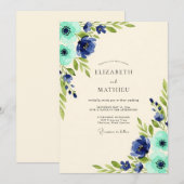 Invitation Mariage Fleuris Nature Navy Azur (Devant / Derrière)