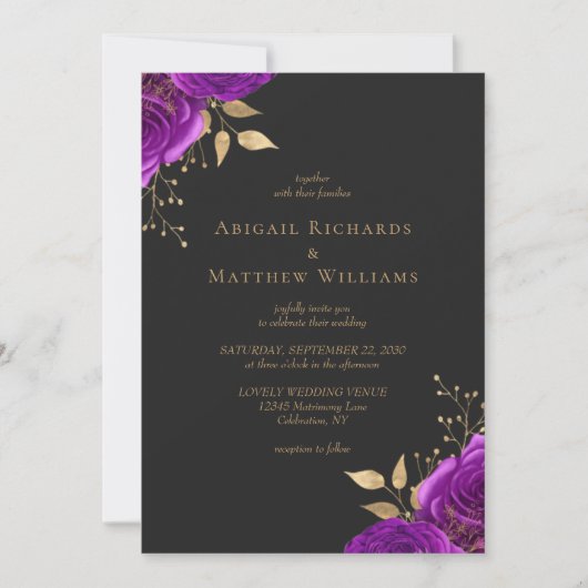 Invitation Mariage Fleuris Or Rose Foncé Romantique (Devant)